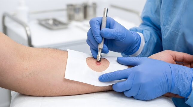 Macro Closeup of Dermatologist Performing Punch Biopsy on Patient&rsquo;s Arm