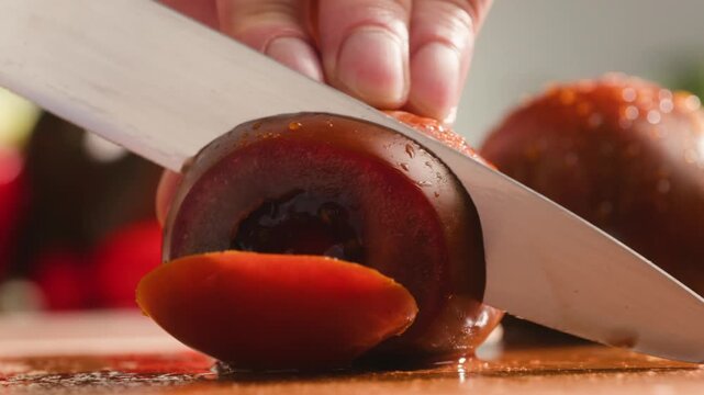 Chop tomato close up, Diced kumato tomatoes on a cutting board for Italian sauce, chef cut tomatoes with knife. 