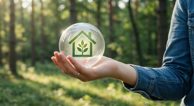 Woman holding a glowing sphere with a green house icon in a sunlit forest, symbolizing sustainable lifestyle.