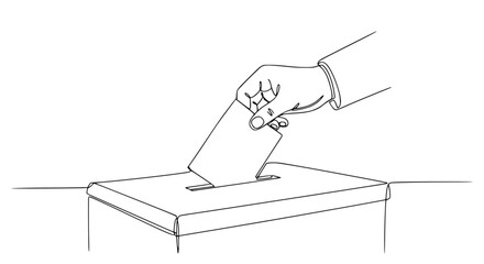 Fototapeta premium Hand Voting Ballot Paper into Ballot Box, Isolated Line Art Illustration
