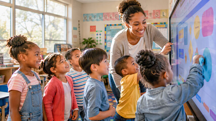 Obraz premium Teacher guiding young students at an interactive digital screen in a bright classroom, demonstrating collaborative, technology enhanced learning and hands on engagement.