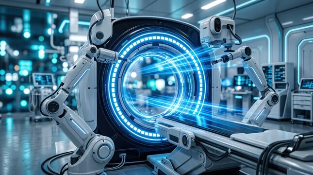 High tech robotic arms operating advanced industrial scanner machine with glowing blue light rings in automated factory setting, artificial intelligence and automation