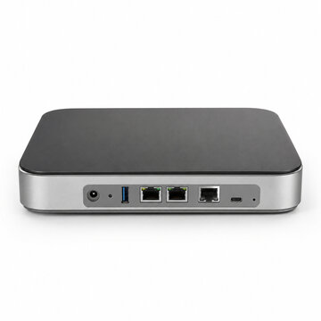 Network router and mesh connectivity hardware isolated on white background, minimal side profile view