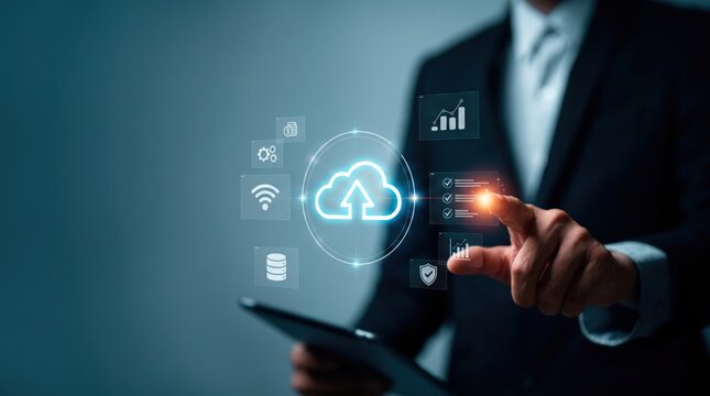 Businessman touching futuristic cloud computing interface with data analytics icons, digital transformation for modern enterprise technology solutions and secure network storage