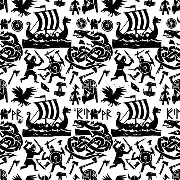 old Scandinavian legend seamless black and white repeating pattern