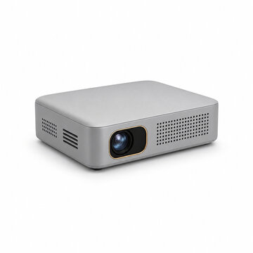 Mini projector and portable display device isolated on white background, front three quarter studio view