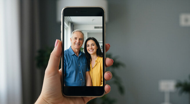 Smartphone displaying a happy couple, symbolizing active aging and technology for older adults.