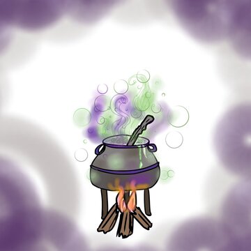 Halloween witch cauldron with boiling green potion, magic purple smoke and copy space