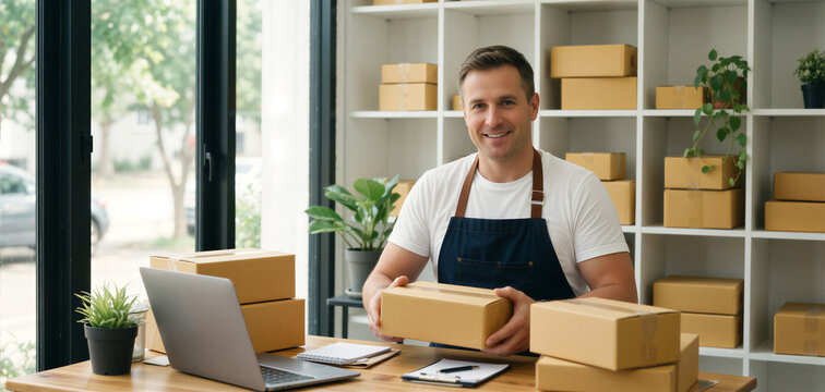 Smiling entrepreneur packing orders in a bright space, representing small business and e-commerce fulfillment.