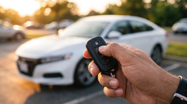 Hand holding car key fob remote control unlocking white sedan vehicle in parking lot during golden hour sunset, automotive security and modern transportation technology for drivers