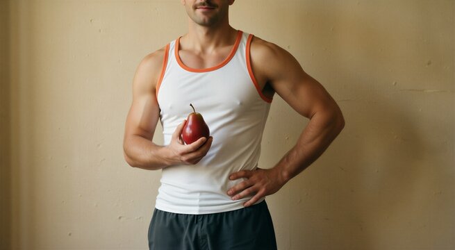 Fit man holding a red pear, embodying wellness and everyday fitness with a confident stance.