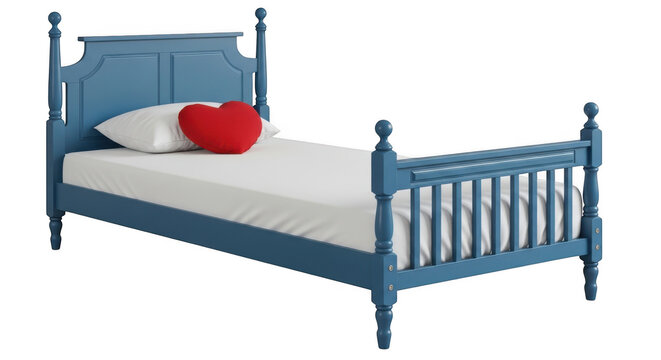Blue wooden bed with red heart isolated on transparent background