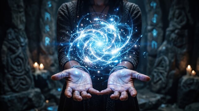 Mystical hands holding glowing blue magical energy sphere, fantasy wizard spell casting, supernatural power aura, spiritual healing light, esoteric magic ritual, cosmic force