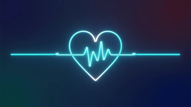 Animated neon heart with pulsing waveform glowing on gradient dark blue background creating vibrant abstract futuristic visual effect