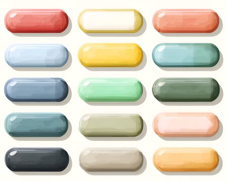 Colorful collection of glossy rounded rectangular buttons, ideal for web design and app interfaces, featuring various hues and smooth, jelly-like textures