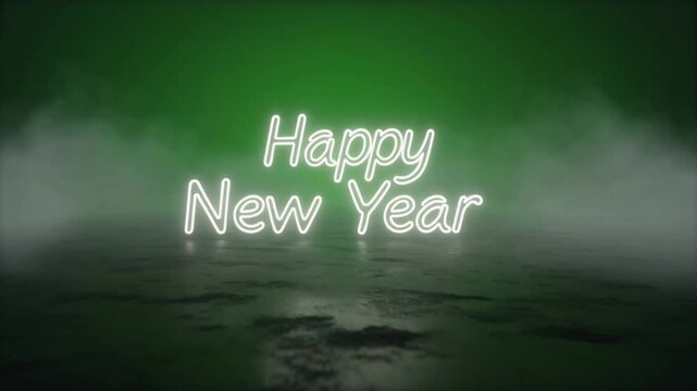 Illuminated neon sign displaying Happy New Year message against dark green backdrop with subtle cloud effects and glowing vibrant lights