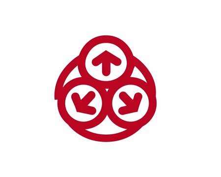Red circular logo with three interconnected arrows symbolizing direction and cyclical process