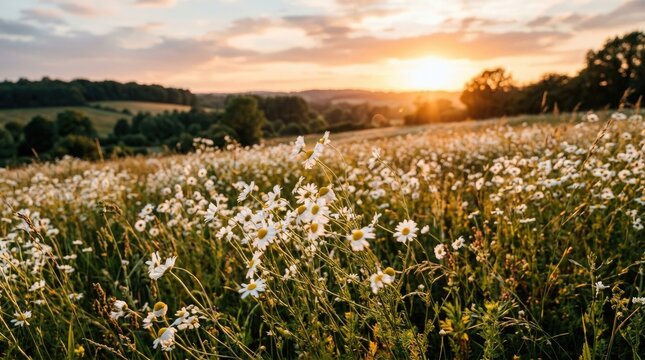 A vibrant meadow filled with daisies under a breathtaking sunset sky, with a gentle breeze rustling the flowers and the distant hills forming a serene backdrop.