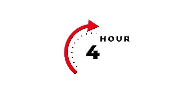 4 hours Red Circular Arrow Clock Timer Icon Isolated On White Background 4k.