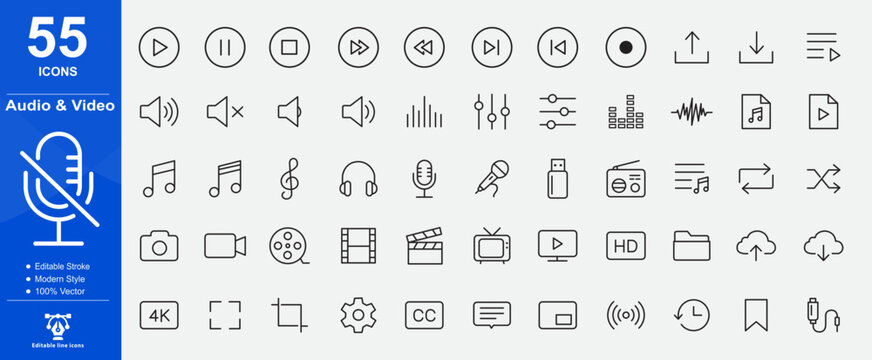 Web icons for audio and video in line style. Cinema, speaker, online, picture, play button, music, collection. Editable stroke. Vector illustration