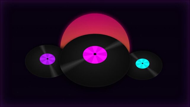 Spinning retro vinyl records with glowing labels against a neon sun and starry background, ideal for music visualizers, DJ promos and retro parties
