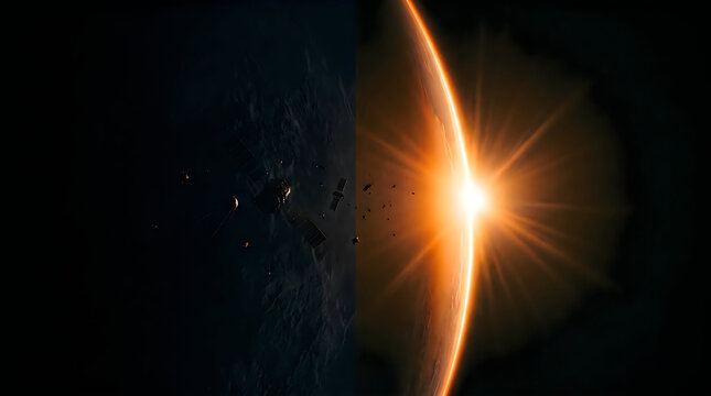 Stunning view of a bright sun rising over the curved horizon of planet earth with golden light