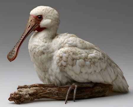 African Spoonbill bird with white plumage and distinctive spatulate beak sitting on a branch