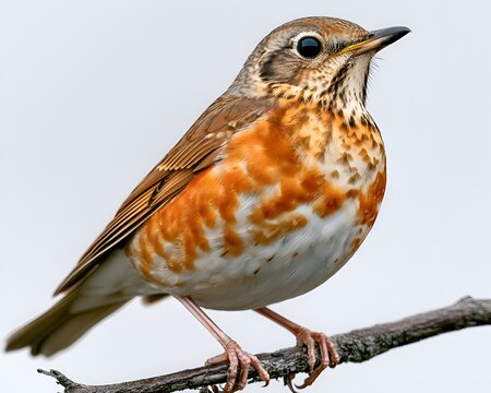 Close-up portrait of a colorful thrush bird with orange and white spotted chest perched on a branch