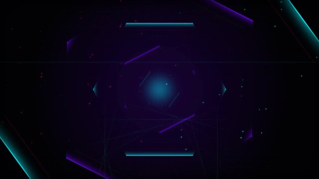 Abstract rotating neon cyan and purple geometric lines tunnel with glowing blue center, ideal for vj loops, music videos and futuristic backdrops