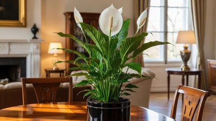 Fototapeta premium Interior view of a living room with a peace lily on a polished wooden table