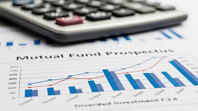 Investment document featuring charts, calculator, and financial analysis