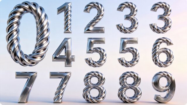 Complete set 3D numerals 0‑9 with twisted rope metal texture, silver twisted stereoscopic number collection, poster title design element on soft gradient background