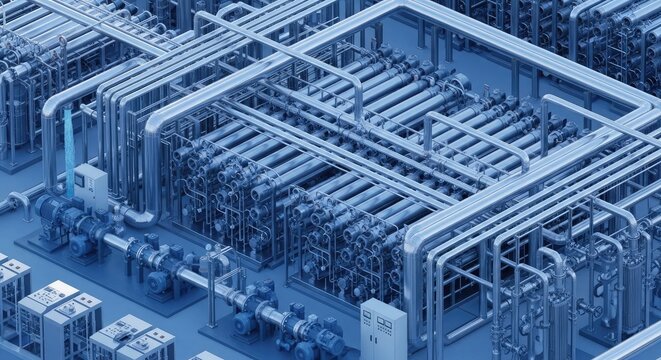 Isometric illustration of complex piping, machinery, and industrial infrastructure
