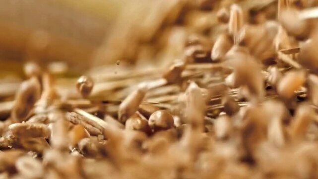 Macro Shot of Golden Wheat Grains Falling onto a Pile