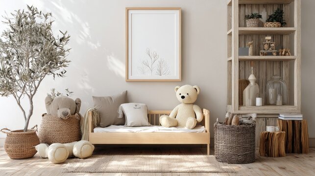 Mockup frame in boy's nursery with natural wood furniture, blank wall art template in cozy scandinavian kids bedroom interior, empty wooden picture frame for nursery print, poster design, artwork disp