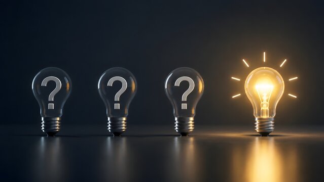 Three unlit glass lightbulbs with question marks and one brightly glowing bulb. Concept of innovative problem solving and creative business strategy.