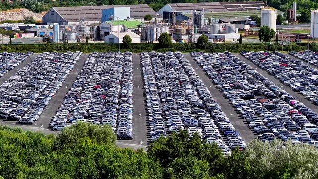 Aerial Establishing of Vehicle Storage Parking Lot at Port of Bordeaux France Industrial Logistics Hub