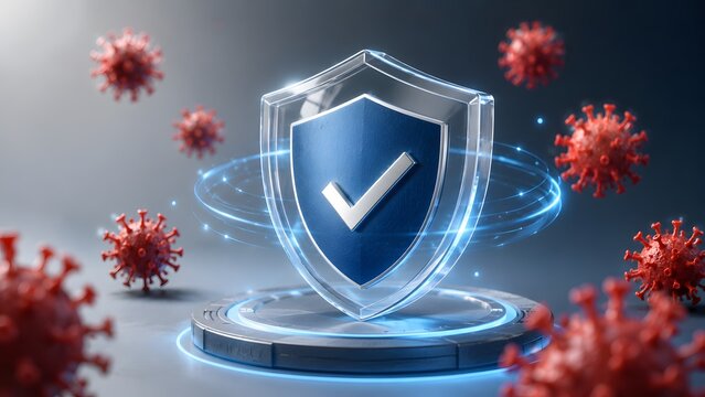 Glass shield with blue center and checkmark repelling red virus cells. Concept of digital health tech and computer antivirus protection.