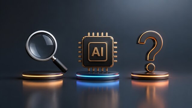 Magnifying glass beside artificial intelligence microchip and question mark on glowing podium. Concept of machine learning research, algorithmic evaluation, and tech problem solving.