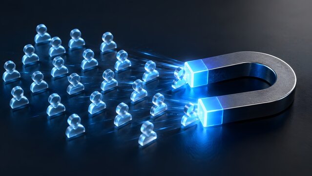 Large metallic magnet attracting glowing blue glass human figures from crowd. Concept of HR recruitment strategy, customer acquisition, and target audience marketing.
