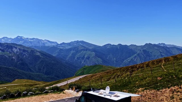 Aerial Drone Dolly In Revealing Scenic Mountain Road at Col d'Aubisque, French Pyrenees, France