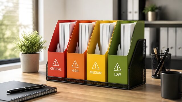 Colored document organizers in wire rack displaying critical levels. Concept of corporate compliance and office paperwork sorting.