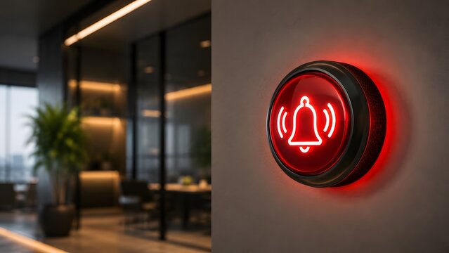 Round glowing red notification bell alarm button mounted on modern office wall. Concept of corporate emergency warning and digital security alert.