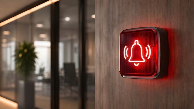 Glowing red notification bell alarm mounted on wooden office wall. Concept of corporate emergency warning and digital security alert.