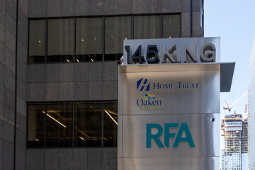 Fototapeta premium Toronto, Ontario, Canada - August 5, 2026: The signage for RFA Bank of Canada headquarters on King Street West in downtown Toronto, Canada. 