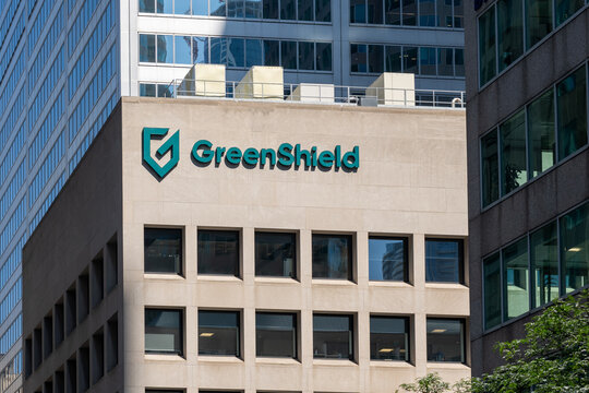 Toronto, Ontario, Canada - August 5, 2026: Green Shield regional office building on Wellington St W in downtown Toronto, Canada. Green Shield Canada (GSC) is a not for profit benefits carrier. 