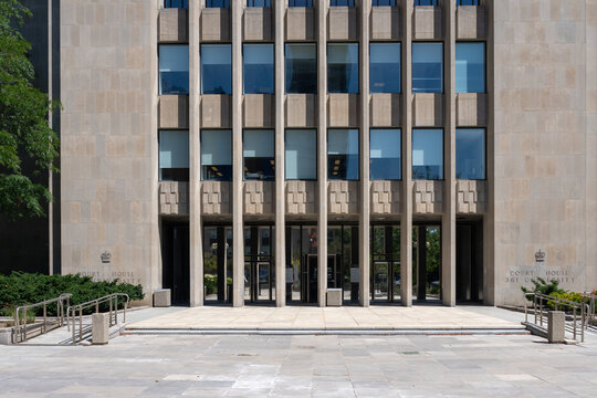 Toronto, Ontario, Canada - August 5, 2026: The main entrance of the Toronto Courthouse which houses the Ontario Superior Court of Justice at 361 University Avenue in downtown Toronto, Canada. 