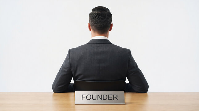 Photo, close-up, employee sitting in an office with a nameplate reading &ldquo;FOUNDER,&rdquo; company, activities, 
