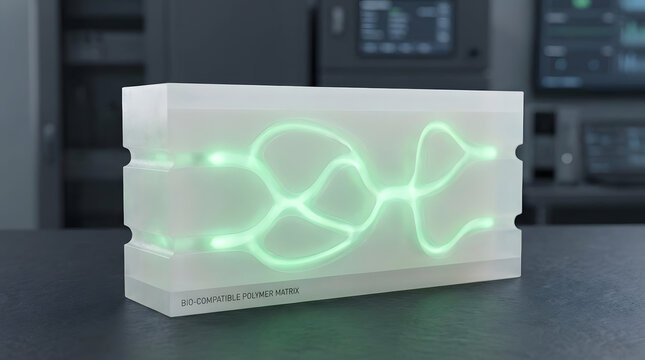 Bio-compatible polymer matrix microfluidic chip with glowing green channels 3d render