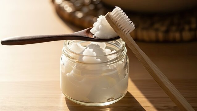 Jar of white solid oil, wooden spoon & toothbrush on table. Sunlight highlights texture